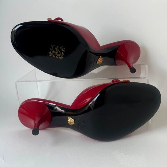 Versace Opera Bow Slides Women Red Leather Heels Medusa Sandals Size 38.5 US8.5 - Picture 7 of 12
